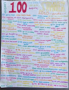 a piece of paper with the words 100 summer written in different colors and sizes on it