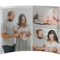 a collage of four photos shows a man holding a baby