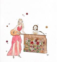 a woman in a pink dress holding a guitar next to a wooden box with flowers on it