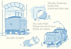 an image of animals that are in front of a train and the words, it's cute that edward's lunch box looks so heavy