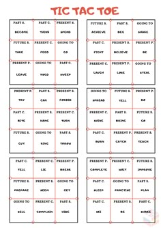 printable tic toc game with the words in red and black on it