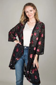 Night Rose Velvet Kimono Black Spring Long Sleeve Kimono For Night Out, Fitted Open Front Kimono For Parties, Chic Wrap Kimono For Parties, Spring Party Wrap Kimono, Spring Evening Long-sleeve Kimono, Chic Evening Wrap Kimono, Spring Evening Long Sleeve Kimono, Evening Kimono With Kimono Sleeves, Fitted Kimono For Spring Party