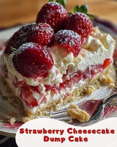 strawberry cheesecake dump cake on a plate with a fork