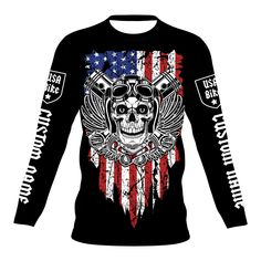 a long sleeve shirt with an american flag and skull on the front, in black