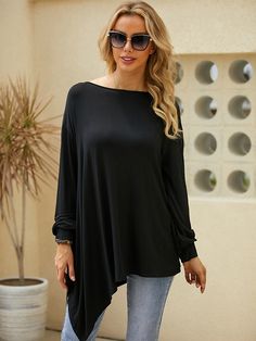 Coffee Round Neck Plain Casual Long Sleeve Asymmetrical Tops Solid Asymmetrical Hem Top For Layering, Oversized Solid Color Tops With Asymmetrical Hem, Oversized Tops With Asymmetrical Hem In Solid Color, Black Asymmetrical Solid Color Tops, Black Irregular Tops For Fall, Irregular Black Tops For Spring, Oversized Tops With Asymmetrical Hem For Fall, Solid Color Fall Tops With Asymmetrical Hem, Black Irregular Top For Spring