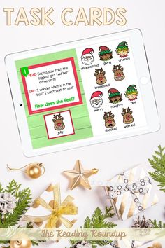 a tablet with christmas themed stickers on it and the text, task cards how does she feel?