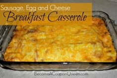 sausage egg and cheese breakfast casserole in a glass baking dish with text overlay