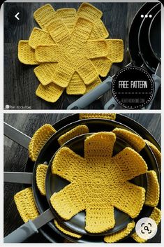 crocheted dishcloths are arranged in the shape of an oven mitt