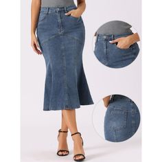 A denim skirt with a fishtail hem and high waist design is a versatile piece that can add a touch of femininity to your wardrobe. The stretchy material ensures a comfortable fit, while the midi length provides just the right amount of coverage. You can pair it with a basic T-shirt for a casual look or dress it up with high heels or boots for a more formal occasion. This skirt is suitable for a variety of seasons and occasions, including work, school, holidays, weekends, shopping, streetwear, dat Stretch Mermaid Hem Bottoms For Spring, Spring Mermaid Hem Stretch Bottoms, Spring Stretch Bottoms With Mermaid Hem, Chic Fishtail Bottoms For Spring, Fitted Denim Blue Bottoms With Flared Hem, Midi Jeans, Denim Jean Skirt, Bodycon Skirt, Denim Maxi Skirt