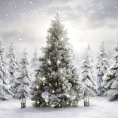 a christmas tree in the middle of a snowy landscape with trees and lights on it