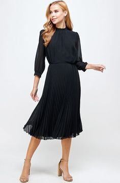 ONYX PLEATED MIDI DRESS | and Gold Black Midi Dress Formal, Modest Boutique, Modest Summer Fashion, Black Pleated Dress, Midi Dress Formal, Little Black Dresses, Mom Dress, Pleated Midi Dress, Long Sleeve Midi Dress