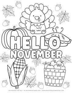 the hello november coloring page with an image of a turkey, corn and pumpkins