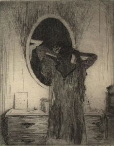 a drawing of a person standing in front of a mirror with their hands on their head