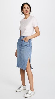 Levi's® Premium Premium Side Slit Skirt - Blue Waves – Pit-a-Pats.com Knee Length Jean Skirt Outfits, Red Dresses For Kids, Midi Jeans Skirt, Knee Length Jean Skirts, Denim Skirts Knee Length, Jean Skirt Outfits, Jean Pencil Skirt, Pentecostal Fashion, Pencil Skirt Outfits