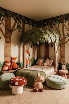 a child's bedroom decorated in woodland theme with trees, mushrooms and stuffed animals