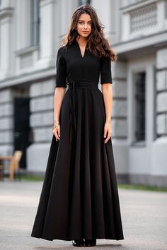 "Black classic maxi dress with circle skirts ➤ Features > dress lenght: 150 cm / 59,05\" > mid sleeves > v neckline > circle skirts > waistband ➤ Sizing My Size Guide in FAQ section below will help you define the perfect size match. The item can also be made according to your measurements - just message them to me. ➤ Delivery Your item is made-to-order and will be ready within 2-7 days. Average delivery times: > North America: up to 1-2 weeks > New Zealand, Australia: up to Black Fitted A-line Maxi Dress, Fitted Black A-line Maxi Dress, Elegant Black Floor-length Maxi Skirt, Linen Maxi Dress For Work, Black Long Skirt Formal Dress, Black Maxi Dress For Work, Fitted Floor-length Maxi Dress For Work, Elegant Fitted Maxi Skirt With Wide Hem, Elegant Fitted Dress With Wide Hem