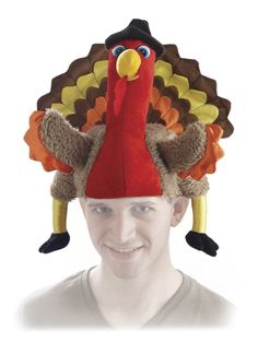 a man with a turkey hat on his head