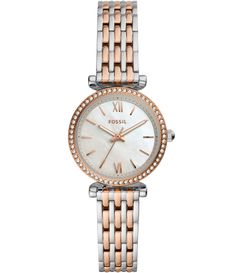 From Fossil&#x2C; the Women's Carlie Mini Three-Hand Two-Tone Stainless Steel Bracelet Watch features:Two-tone stainless steel braceletTwo-tone stainless steel round caseWhite mother-of-pearl dialGlitz bezelLink closureThree-hand movementCase size approx. 28mmImported. Stainless Steel Watch Women, Fossil Watches Women, Minimalist Watch, Fossil Watch, Hand Watch, Fossil Watches, Gold Models, Sport Chic, Skagen