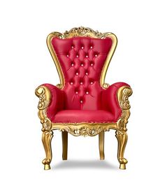 a red chair with gold trimmings and buttons on the back, sitting in front of a white background