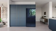 a modern kitchen with blue cabinets and white counter tops