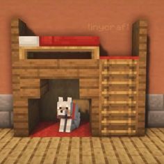 a dog is standing in front of a bed made out of wooden pallet blocks