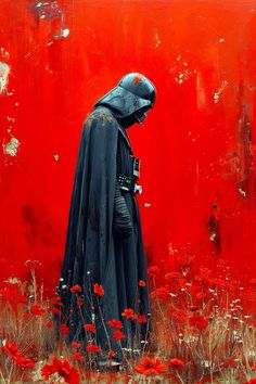 a painting of darth vader standing in the middle of a field with red flowers