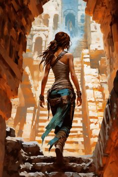 a painting of a woman walking up some stairs in an ancient city with stone steps