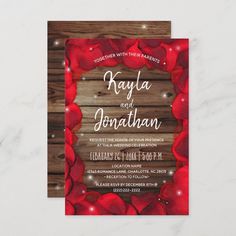 wedding card with red hearts on wooden background