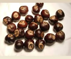 a bunch of chestnuts that are on a white tablecloth with the letters y in them