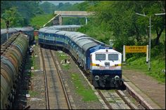 two trains passing each other on the tracks in front of some trees and bushes,