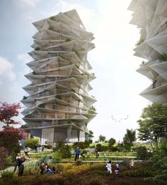 an architectural rendering of a tall building with people sitting on the ground and walking around it