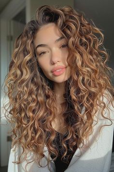 Curly Hair Strawberry Blonde Highlights, Ombre Hair Color For Curly Hair, Hair Color Ideas Hazel Eyes, Copper Blonde Curly Hair, Curly Hair Color Ideas Balayage, Mermaid Hair Ideas, Light Brown Curly Hair, Hair Color Ideas Balayage, Curly Balayage Hair