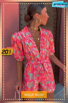 Women's Summer Deep V-neck Puff Sleeve Short-sleeved Printed Belt Elastic Waist Jumpsuit Summer Puff Sleeve Jumpsuits And Rompers For Brunch, Long Sleeve Playsuit, Designer Jumpsuits, Color Pick, Online Clothing Stores, Model Photos, Deep V Neck, Deep V, Floral Lace