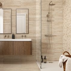 a bathroom with a sink, mirror and bathtub next to a walk in shower