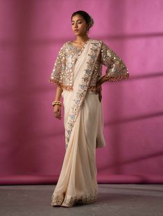 Indian Wedding Dress Modern, Gota Patti Saree, Cape Set, Cutout Blouse, Latest Dress Design, Ivory Blouse, Saree Design, Boutique Dress Designs, Georgette Saree