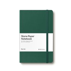 the stone paper notebook is green and has white stripes on it's front cover