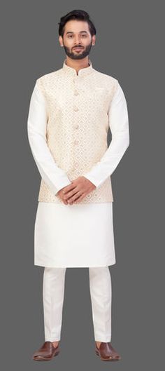 White and Off White color Kurta Pyjama with Jacket in Art Silk fabric with Sequence, Thread work Kurta Pajama Sadri, Traditional White Sets With Stand Collar, White Bandhgala With Stand Collar For Festive Occasions, Festive White Bandhgala With Stand Collar, White Nehru Jacket With Stand Collar For Festive Occasions, White Festive Nehru Jacket With Stand Collar, Festive White Nehru Jacket With Stand Collar, White Nehru Jacket For Festive Occasions, Festive White Nehru Jacket With Long Sleeves