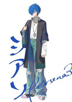 an anime character with blue hair standing in front of a white background and writing on it