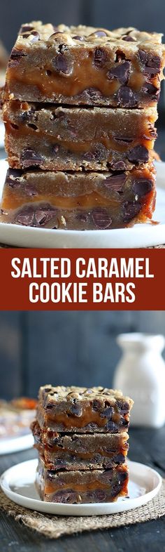 salted caramel cookie bars stacked on top of each other with text overlay