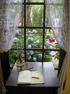 an open book sitting on top of a table next to a window filled with flowers