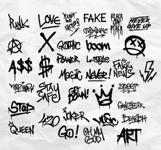 various graffiti written on white paper with black and white writing in different languages, including the word love