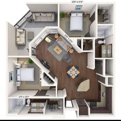 the floor plan of a two bedroom, one bath apartment with an attached kitchen and living room