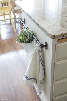 a potted plant sitting on top of a kitchen counter next to a towel rack