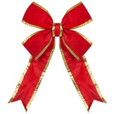 a red bow with gold trims on the front and back of it, against a white background