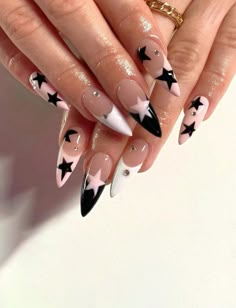 Free Returns ✓ Free Shipping✓. 24PCS Glossy Medium Long Almond Press On Nails,Fake Nails With Black French Tip And 3D Rhinestone Star Designed Artificial Acrylic Sweet Cool False Nails Gift For Women And Girls Nail Supplies- Press On Nails at SHEIN. Black Almond Nails, Nails Press Ons, Long Almond Nails, Press On Nails Short, Asian Nails, Gel Acrylic Nails, Colored Acrylic Nails, How To Grow Nails