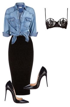 Denim and Black. by fabianamoss on Polyvore featuring polyvore fashion style Soul Cal Warehouse La Perla Christian Louboutin Kemeja Denim, Skirt Diy, Skirt Denim, Skirt Midi, Mode Inspiration, Black Skirt, Outfits Casuales, Denim Shirt