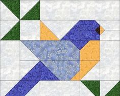 a blue and yellow bird is on a white surface with green, yellow, and blue squares