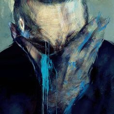 a painting of a man with his hands to his face and eyes covered by blue paint