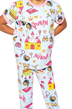 About This Item Step into a world of enchantment with our "Princess Castle Crown" pajama set – a captivating blend of comfort and imagination that invites your little royals to dream of magical castles and fairy tale adventures. This set isn't just sleepwear; it's a journey to a realm where every dream is a story waiting to be written. Imagine your young royalty slipping into this charming ensemble. The pajama top features a design adorned with a majestic princess castle and a sparkling crown, i Multicolor Character Print Sets For Pajama Party, Cotton Disney Sets For Pajama Party, Disney Character Print Sets For Pajama Party, Disney Cotton Sets For Pajama Party, Disney Cartoon Print Sets For Sleepover, Disney Character Print Sets For Sleepover, Multicolor Character Print Sleepover Set, Short Sleeve Sets With Character Print For Sleepovers, Disney Cartoon Print Sleepover Sets