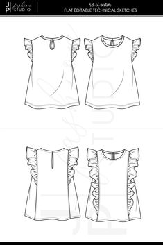 the front and back views of a women's top with ruffles on it